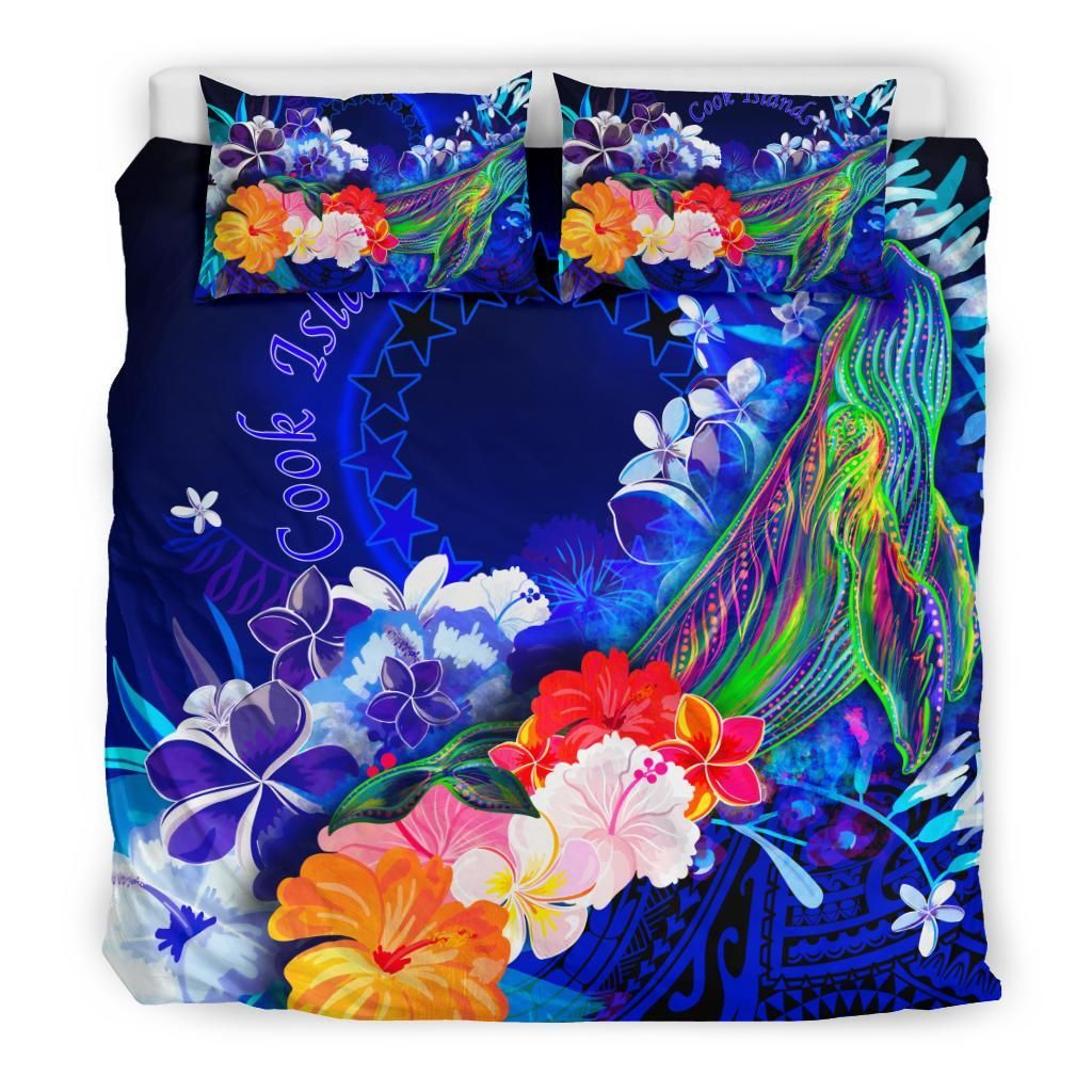 Cook Islands Bedding Set - Humpback Whale With Tropical Flowers (Blue)
