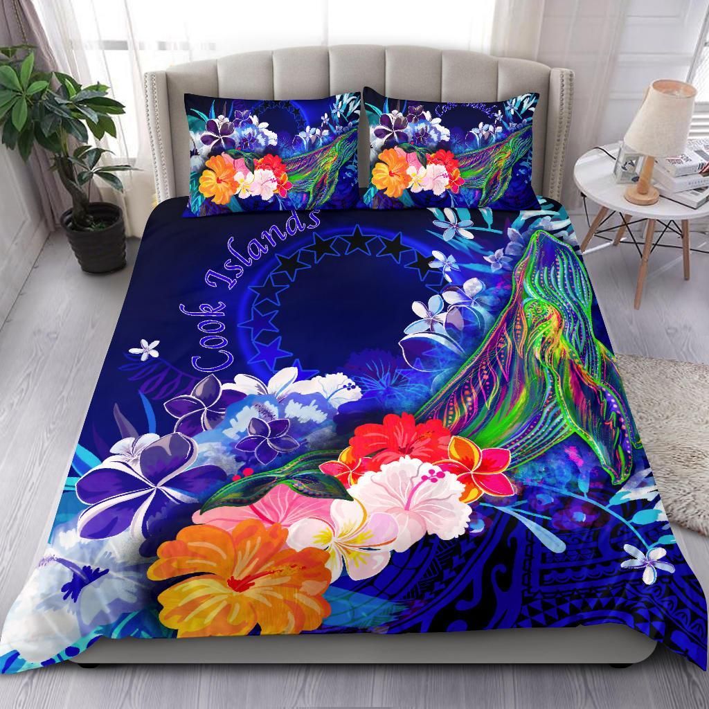 Cook Islands Bedding Set - Humpback Whale With Tropical Flowers (Blue)