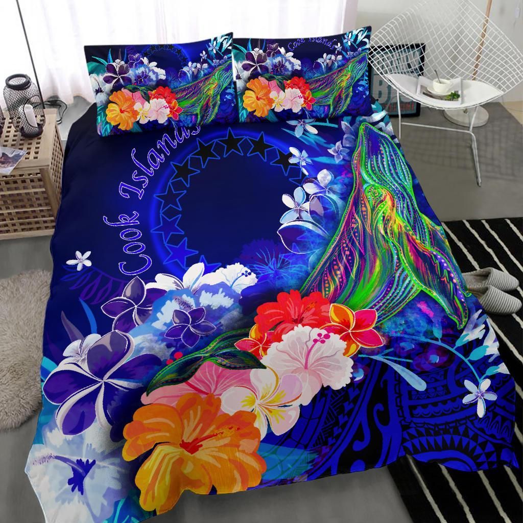 Cook Islands Bedding Set - Humpback Whale With Tropical Flowers (Blue)