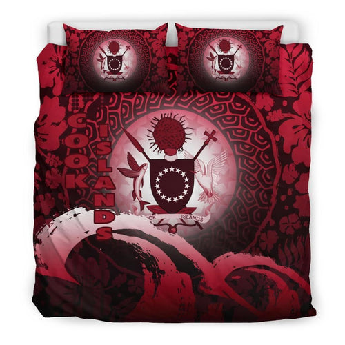 Cook Islands Duvet Cover Set - Cook Islands Coat Of Arms Wave And Hibiscus Red