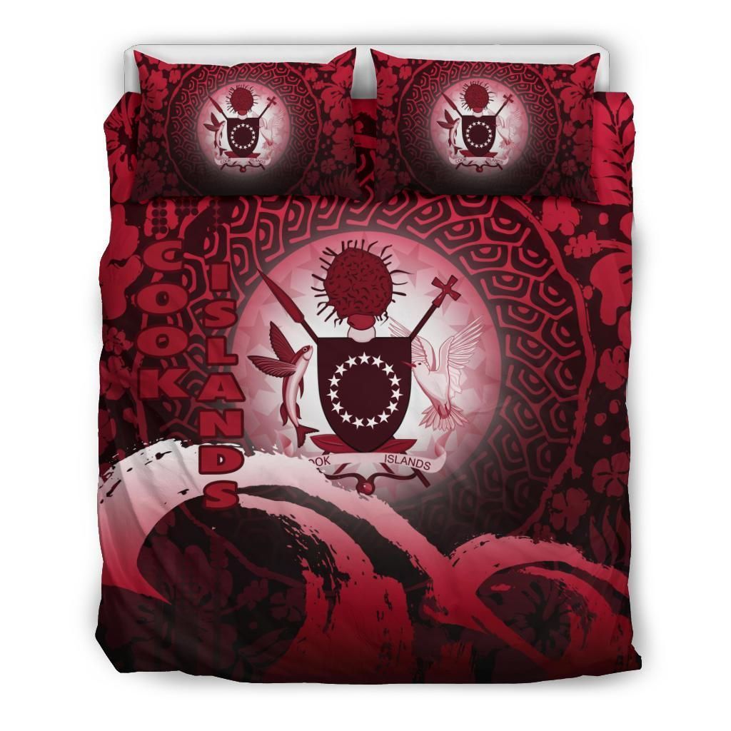 Cook Islands Duvet Cover Set - Cook Islands Coat Of Arms Wave And Hibiscus Red