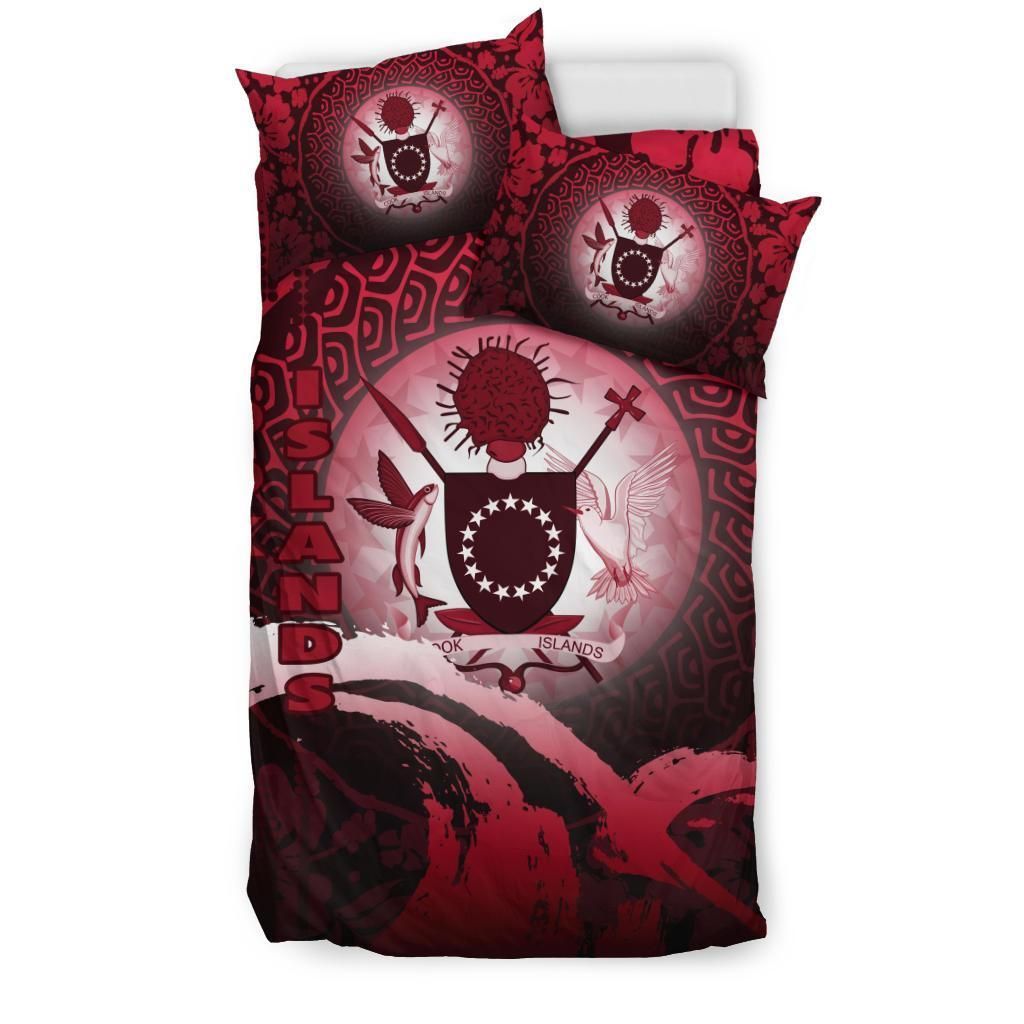 Cook Islands Duvet Cover Set - Cook Islands Coat Of Arms Wave And Hibiscus Red