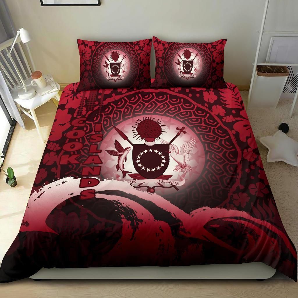 Cook Islands Duvet Cover Set - Cook Islands Coat Of Arms Wave And Hibiscus Red