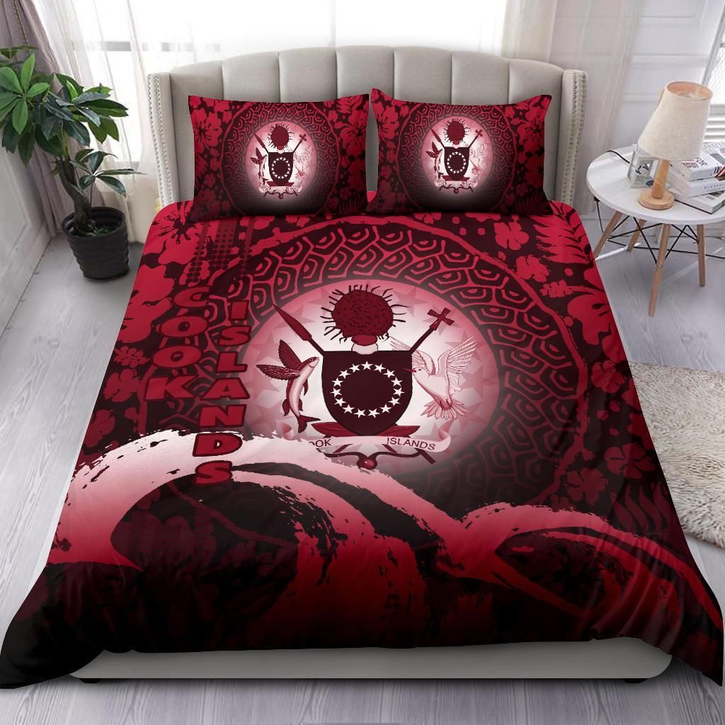 Cook Islands Duvet Cover Set - Cook Islands Coat Of Arms Wave And Hibiscus Red