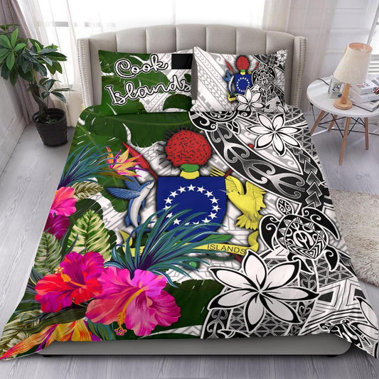 Cook Islands Bedding Set White - Turtle Plumeria Banana Leaf