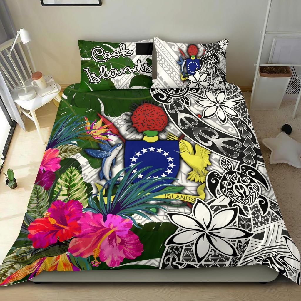 Cook Islands Bedding Set White - Turtle Plumeria Banana Leaf