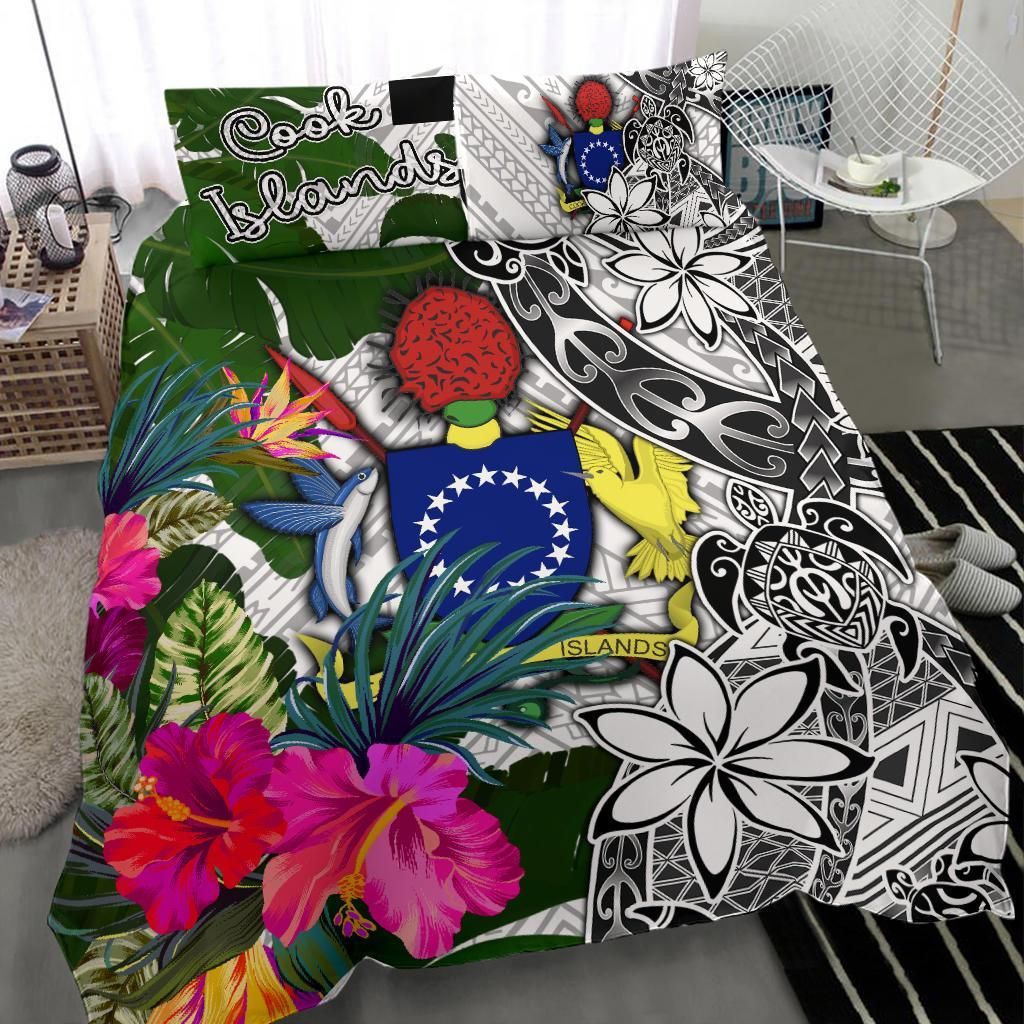 Cook Islands Bedding Set White - Turtle Plumeria Banana Leaf