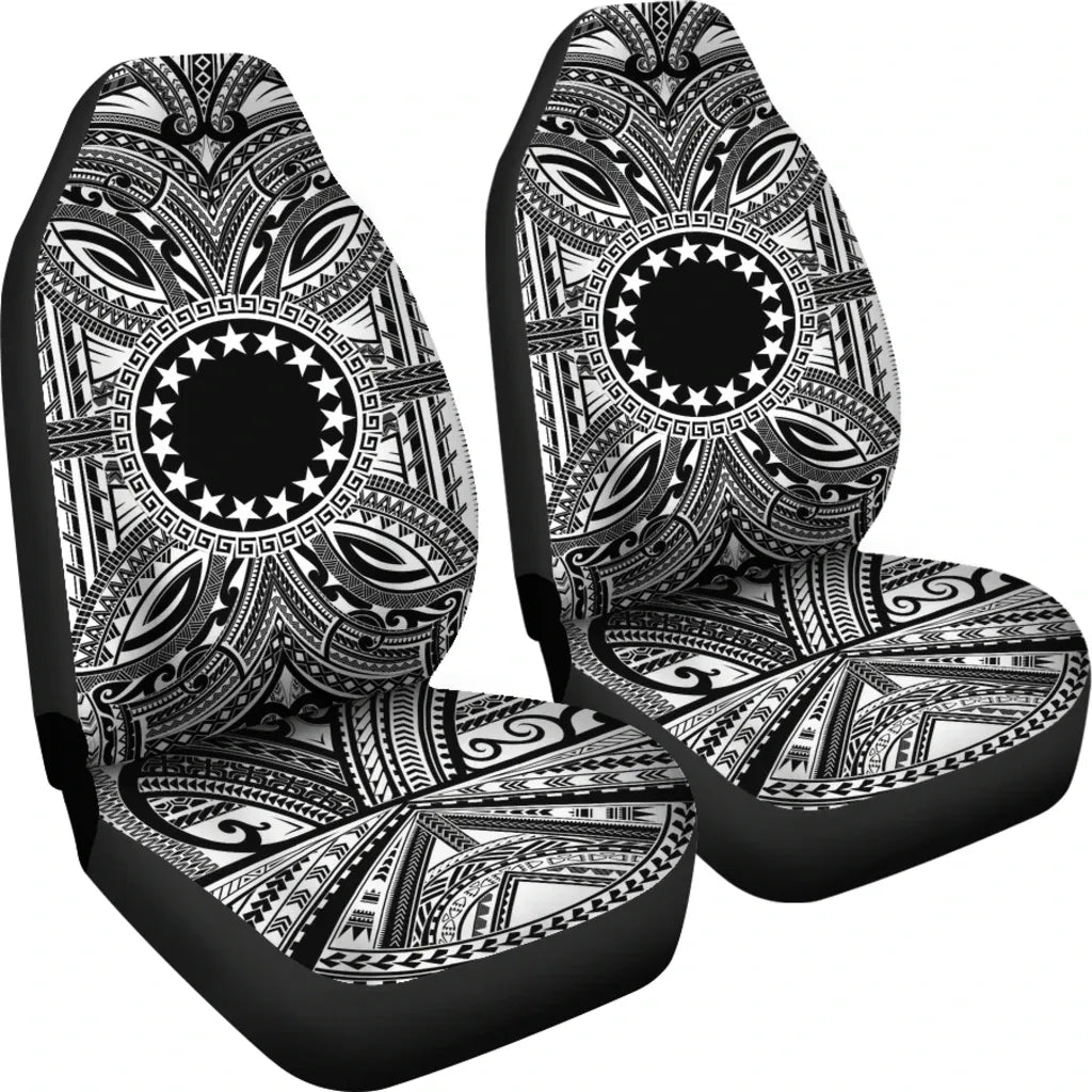 Cook Islands Car Seat Cover - Cook Islands Coat Of Arms Polynesian White Black