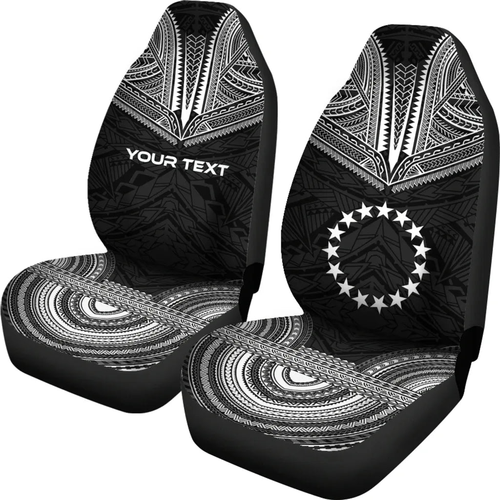 Cook Islands Custom Personalised Car Seat Cover - Cook Islands Flag Polynesian Chief Tattoo Black Version