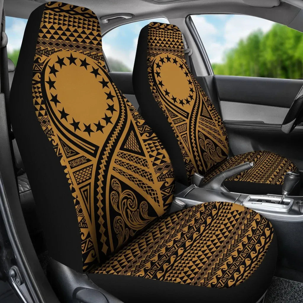 Cook Islands Car Seat Cover - Cook Islands Flag Polynesian Tattoo Gold