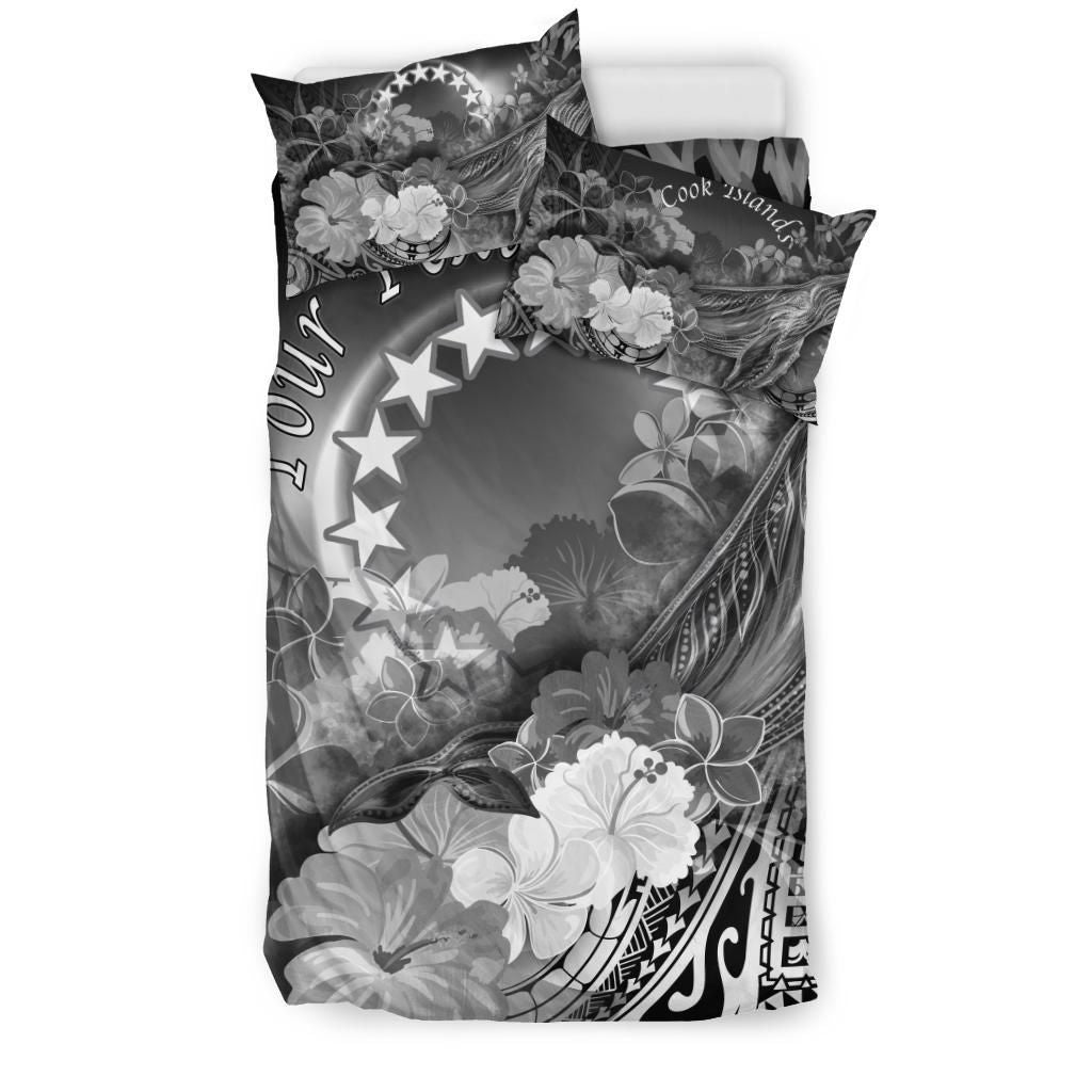 Cook Islands Custom Personalised Bedding Set - Humpback Whale With Tropical Flowers (White)