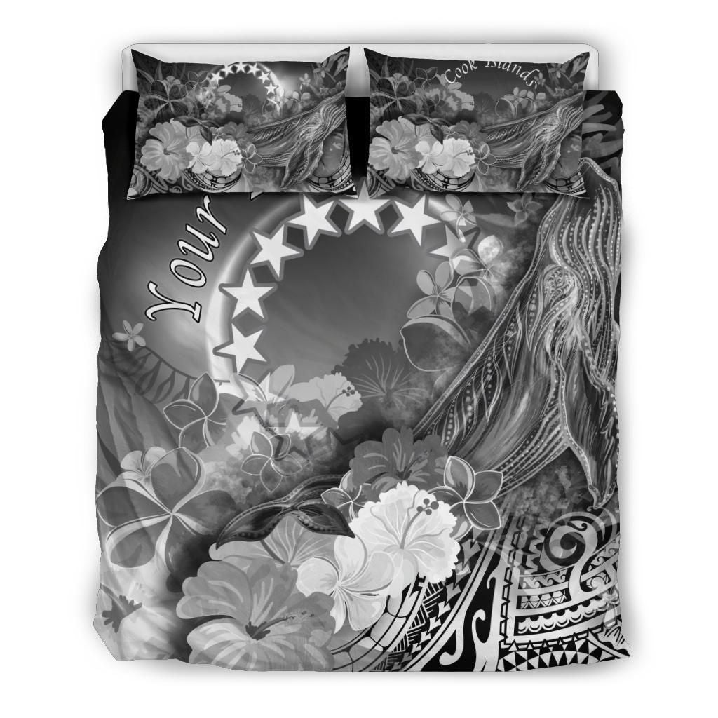 Cook Islands Custom Personalised Bedding Set - Humpback Whale With Tropical Flowers (White)