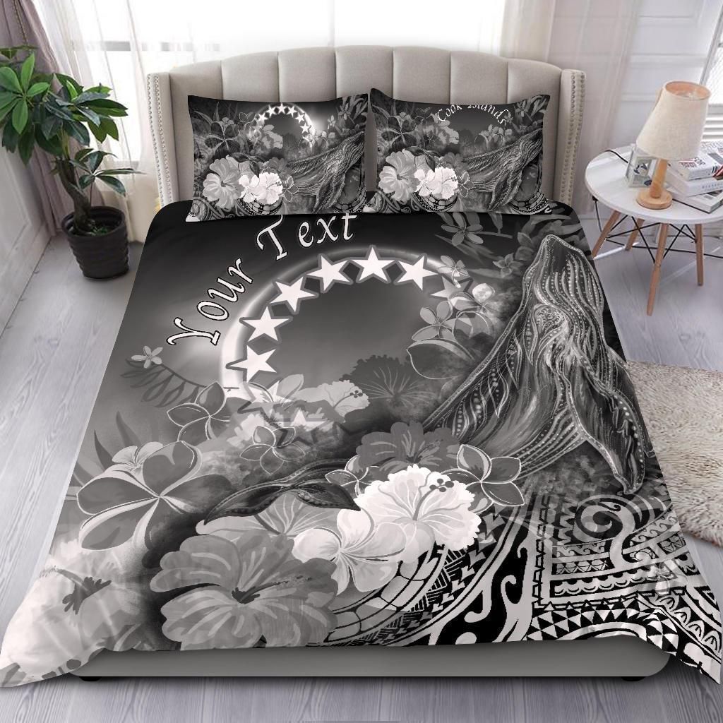 Cook Islands Custom Personalised Bedding Set - Humpback Whale With Tropical Flowers (White)
