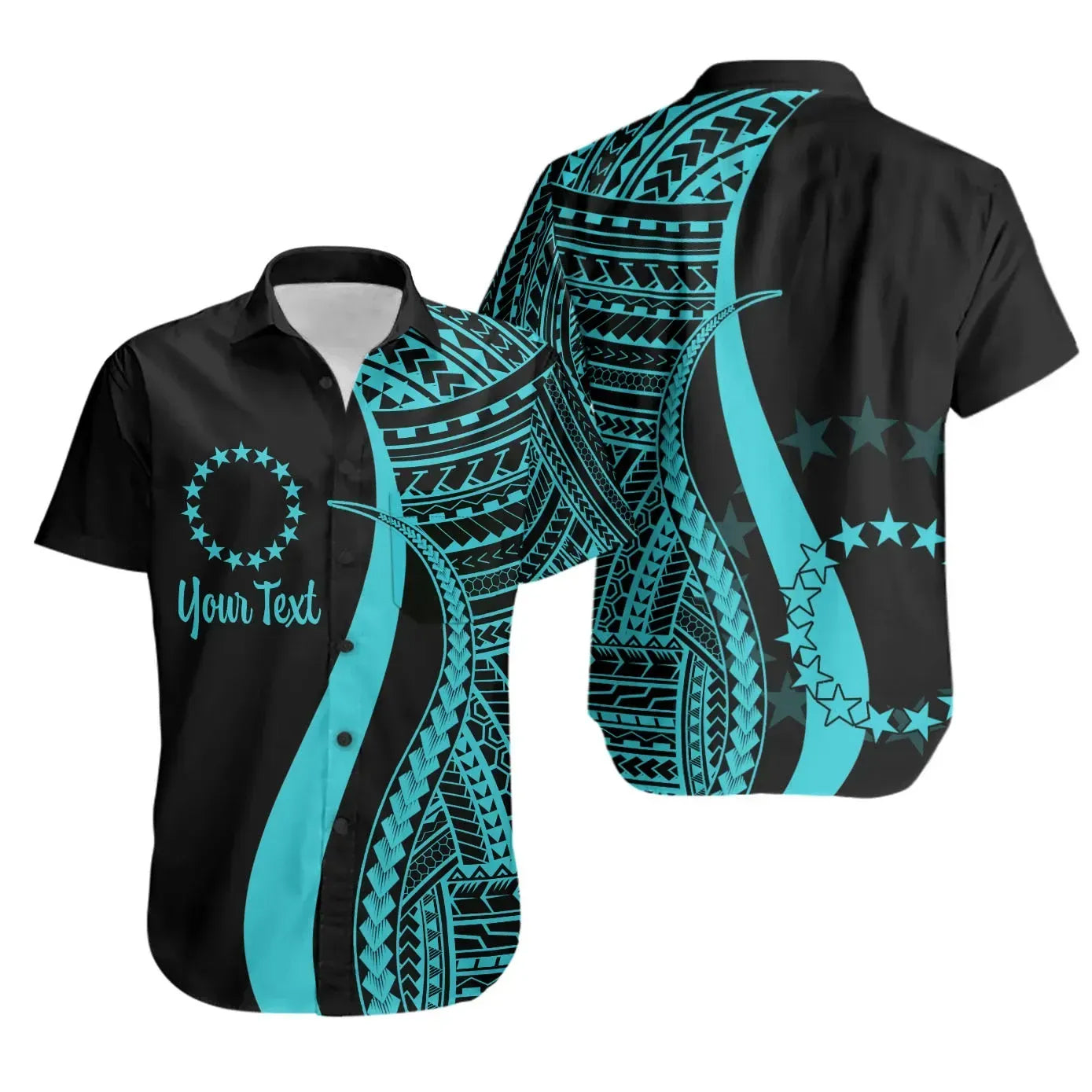 Cook Islands Custom Personalised Short Sleeve Shirt - Turquoise Polynesian Tentacle Tribal Pattern