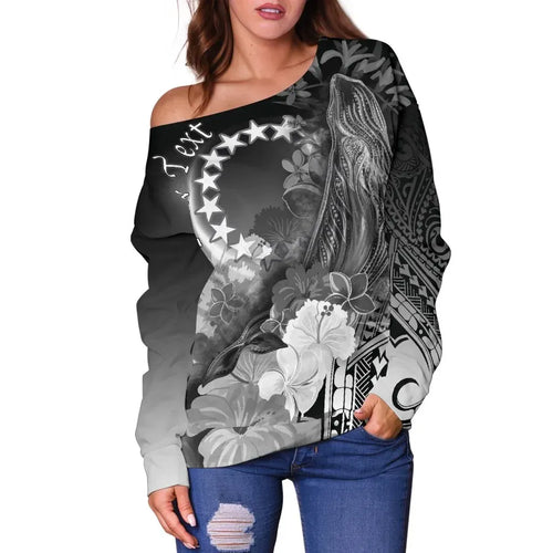 Cook Islands Custom Personalised Women Off Shoulder Sweater - Humpback Whale with Tropical Flowers (White)