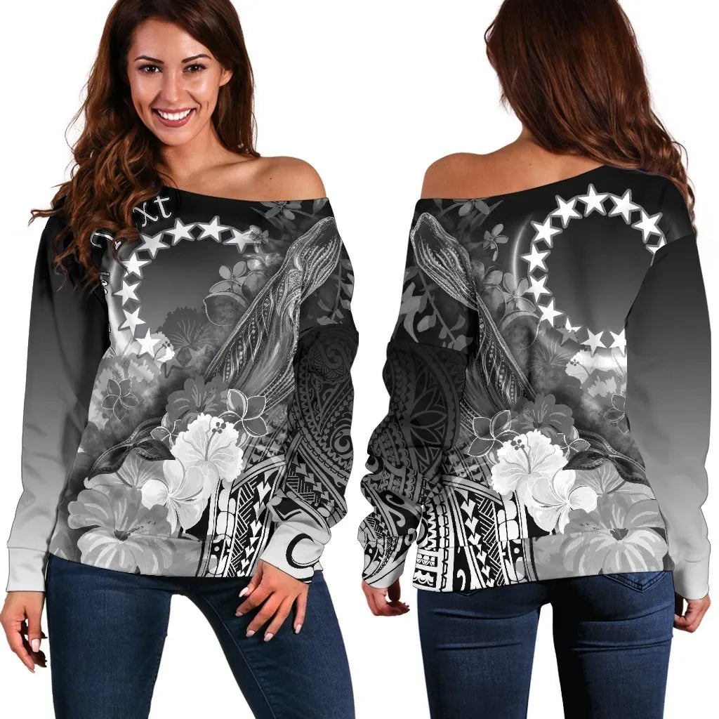 Cook Islands Custom Personalised Women Off Shoulder Sweater - Humpback Whale with Tropical Flowers (White)