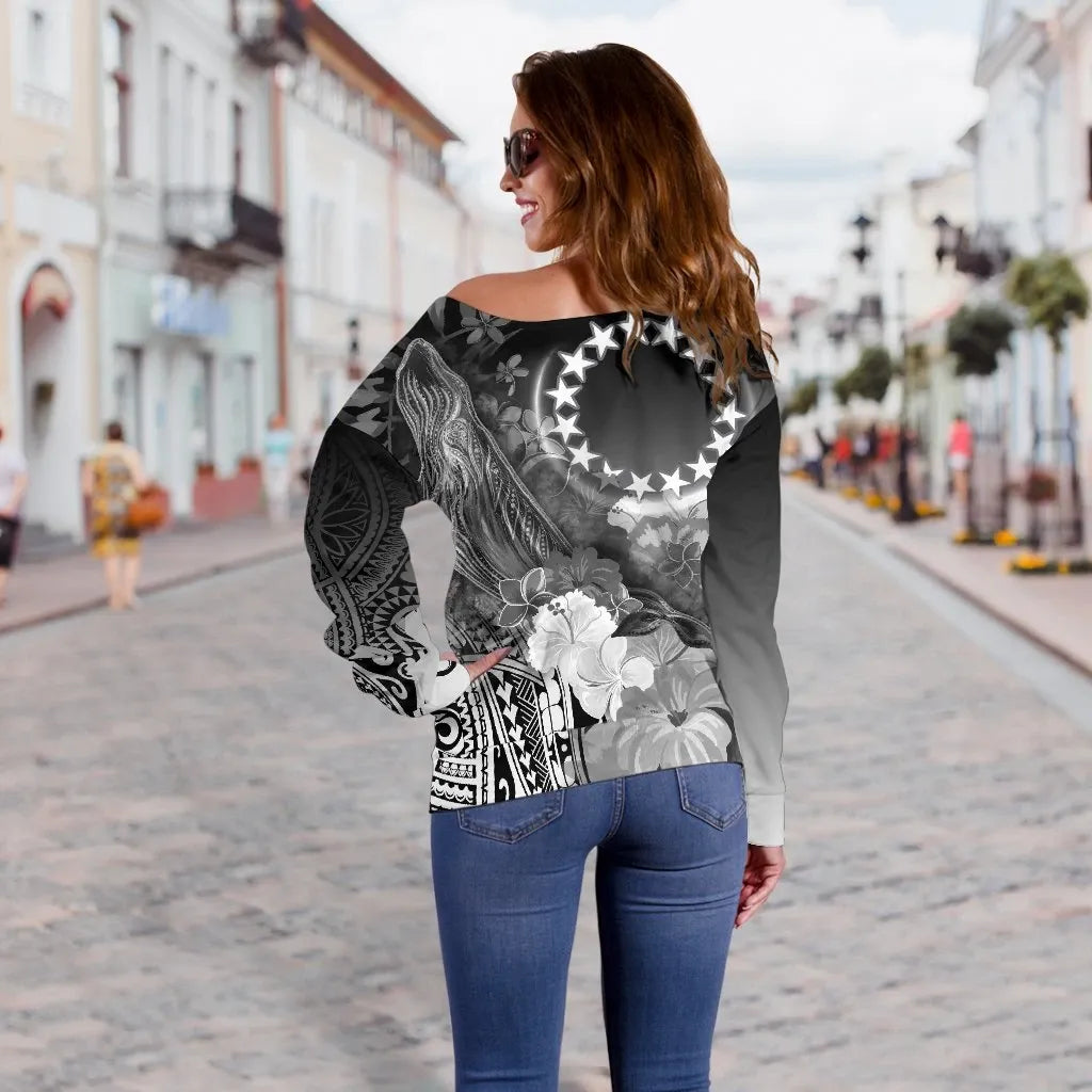 Cook Islands Custom Personalised Women Off Shoulder Sweater - Humpback Whale with Tropical Flowers (White)