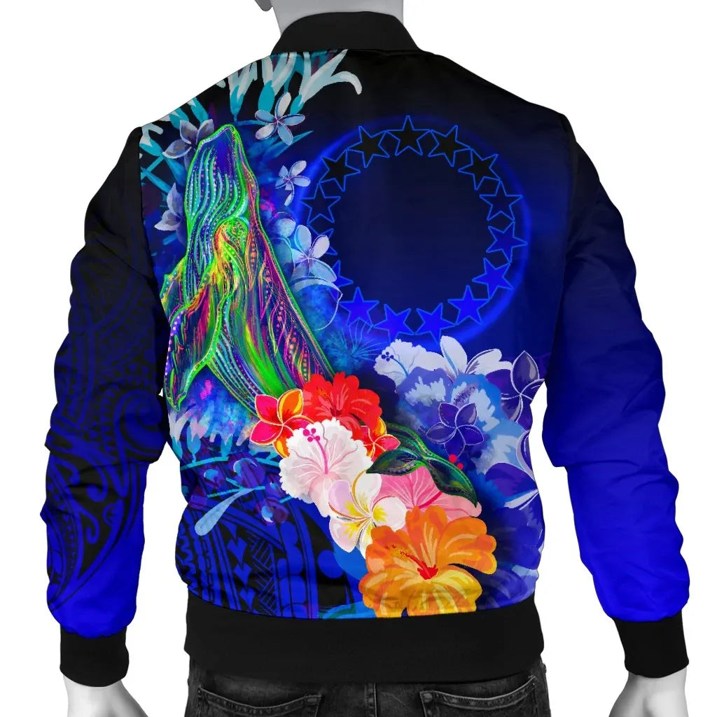 Cook Islands Custom Personalised Bomber Jacket - Humpback Whale with Tropical Flowers (Blue)