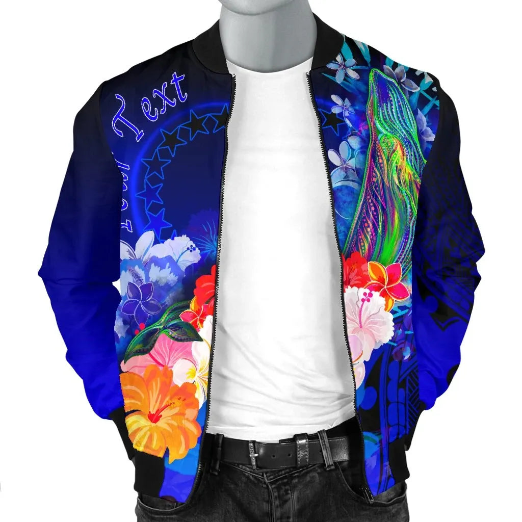Cook Islands Custom Personalised Bomber Jacket - Humpback Whale with Tropical Flowers (Blue)