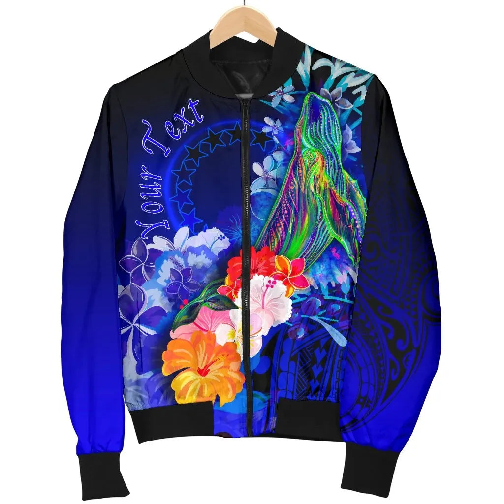 Cook Islands Custom Personalised Bomber Jacket - Humpback Whale with Tropical Flowers (Blue)