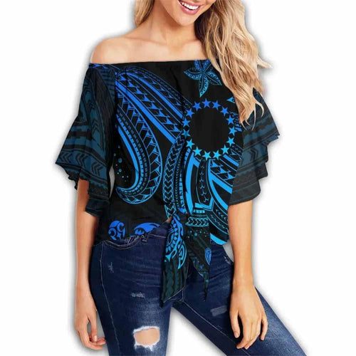 Cook Islands Custom Personalised Off Shoulder Wrap Waist Top - Blue Turtle Pattern