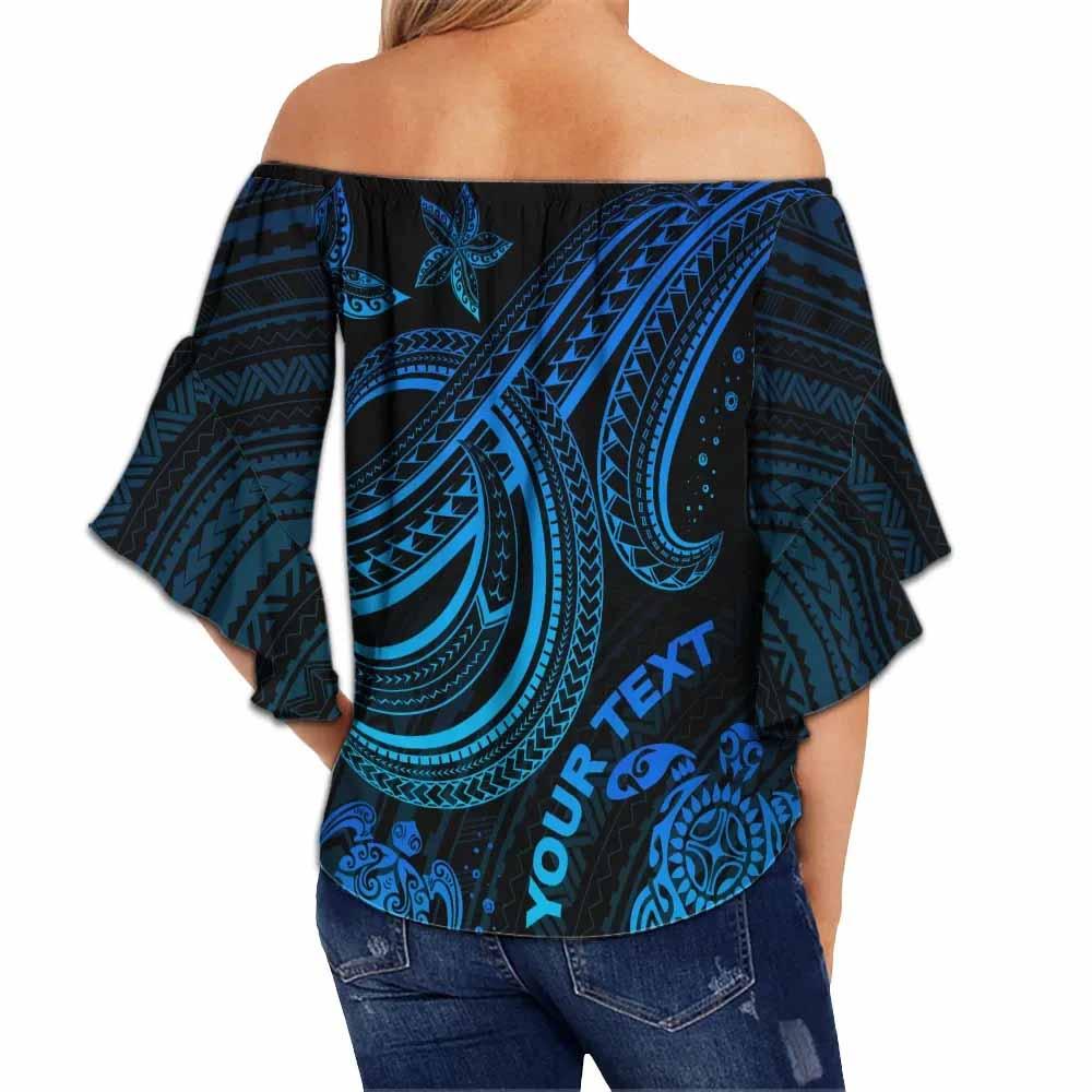Cook Islands Custom Personalised Off Shoulder Wrap Waist Top - Blue Turtle Pattern
