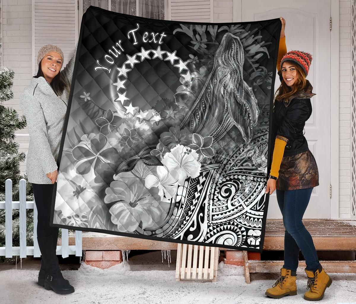 Cook Islands Custom Personalised Premium Quilt - Humpback Whale with Tropical Flowers (White)