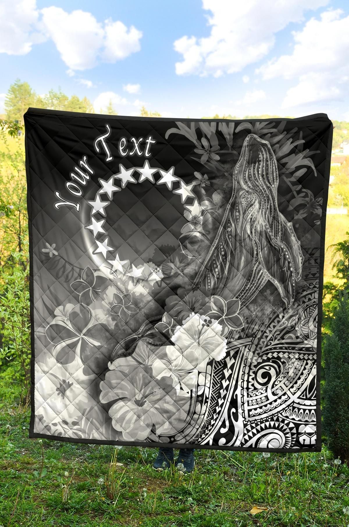 Cook Islands Custom Personalised Premium Quilt - Humpback Whale with Tropical Flowers (White)
