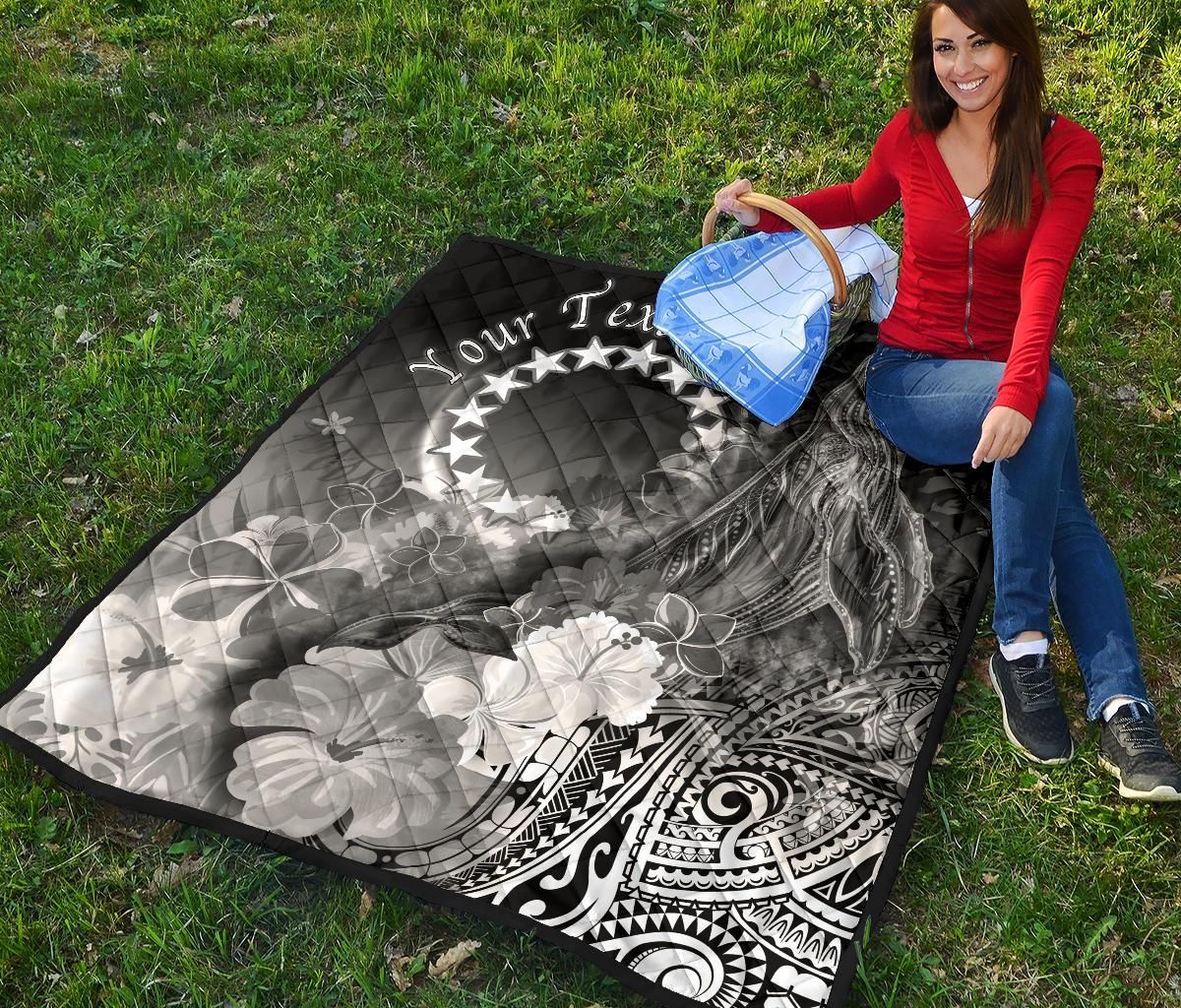 Cook Islands Custom Personalised Premium Quilt - Humpback Whale with Tropical Flowers (White)