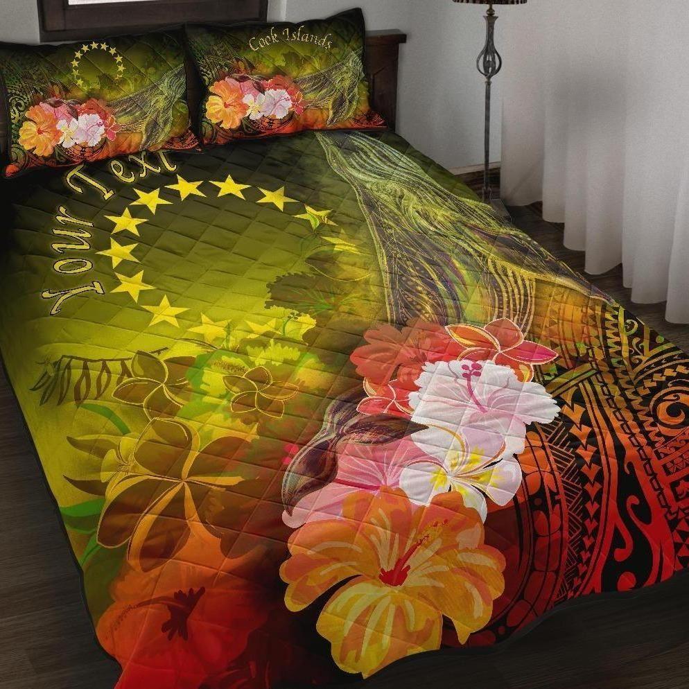 Cook Islands Custom Personalised Quilt Bed Sets - Humpback Whale with Tropical Flowers (Yellow)