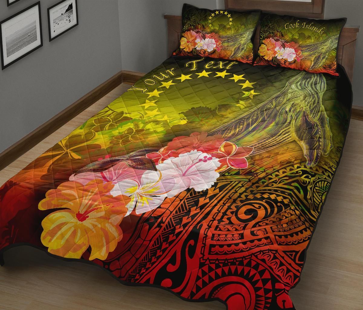 Cook Islands Custom Personalised Quilt Bed Sets - Humpback Whale with Tropical Flowers (Yellow)