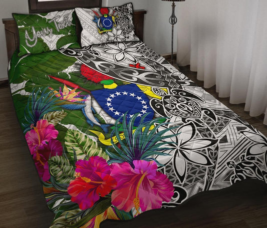 Cook Islands Custom Personalised Quilt Bed Set White - Turtle Plumeria Banana Leaf
