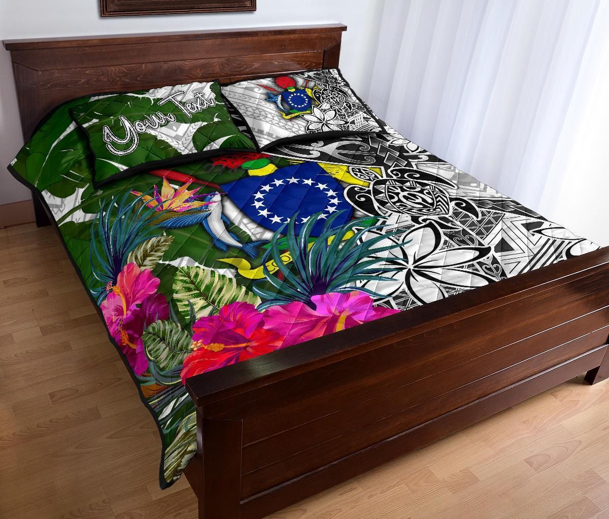 Cook Islands Custom Personalised Quilt Bed Set White - Turtle Plumeria Banana Leaf