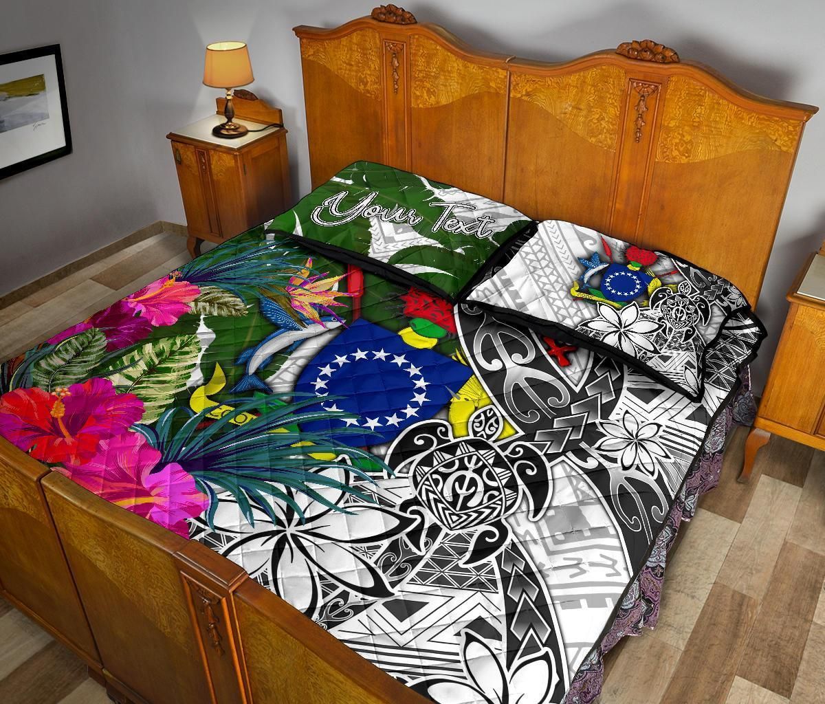 Cook Islands Custom Personalised Quilt Bed Set White - Turtle Plumeria Banana Leaf