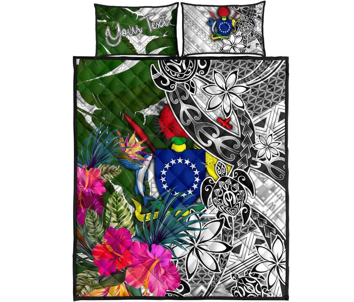 Cook Islands Custom Personalised Quilt Bed Set White - Turtle Plumeria Banana Leaf