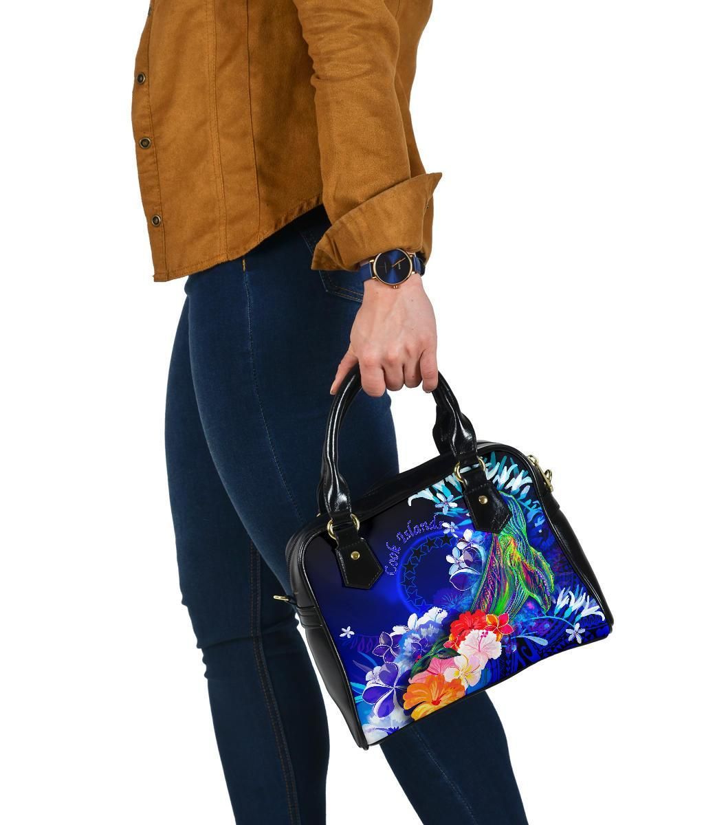 Cook Islands Custom Personalised Shoulder Handbag - Humpback Whale With Tropical Flowers (Blue)
