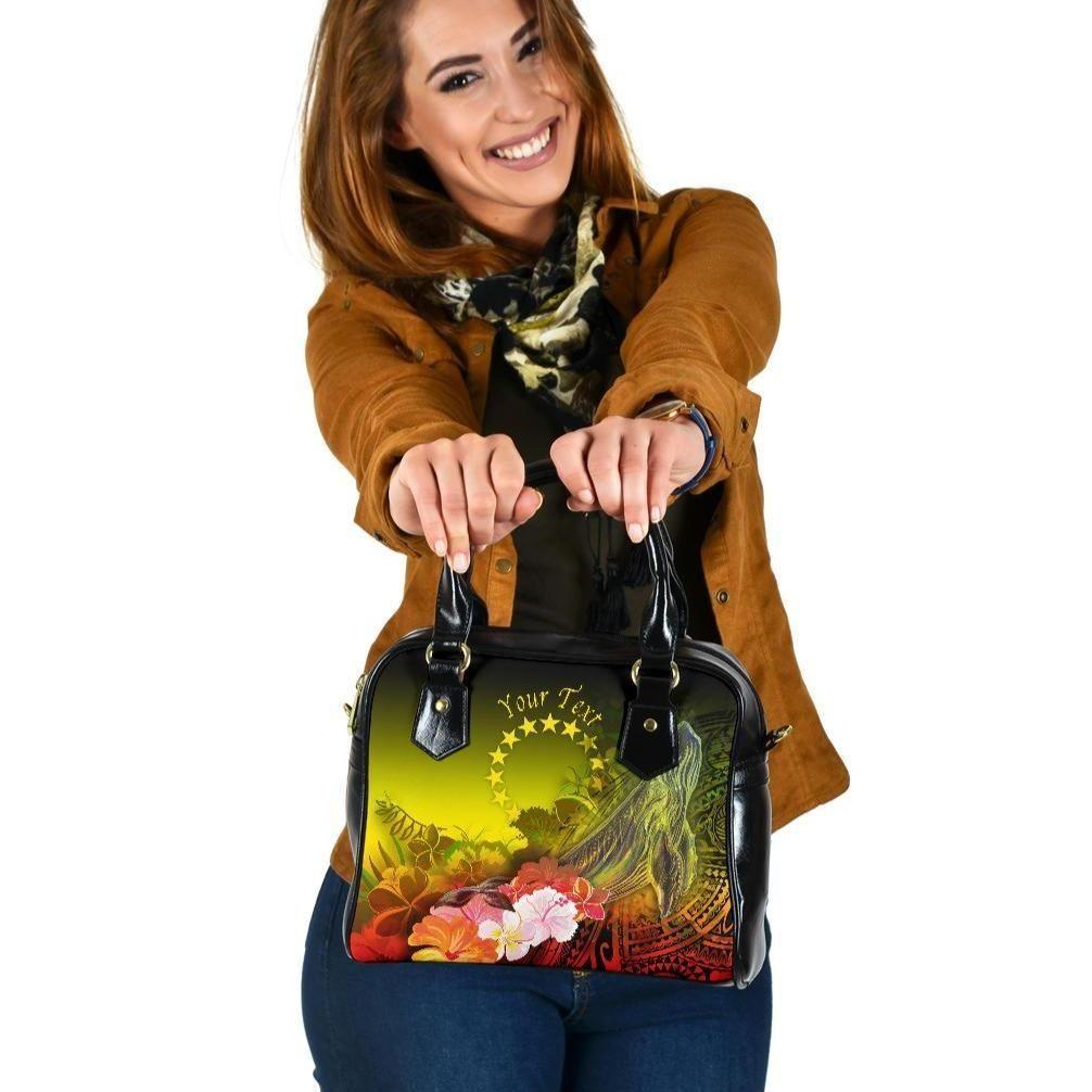 Cook Islands Custom Personalised Shoulder Handbags - Humpback Whale With Tropical Flowers (Yellow)