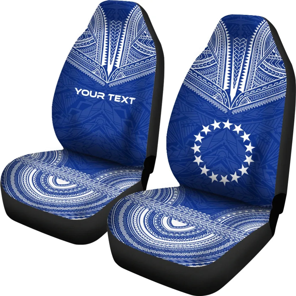 Cook Islands Custom Personalised Car Seat Cover - Cook Islands Flag Polynesian Chief Tattoo BLue Version