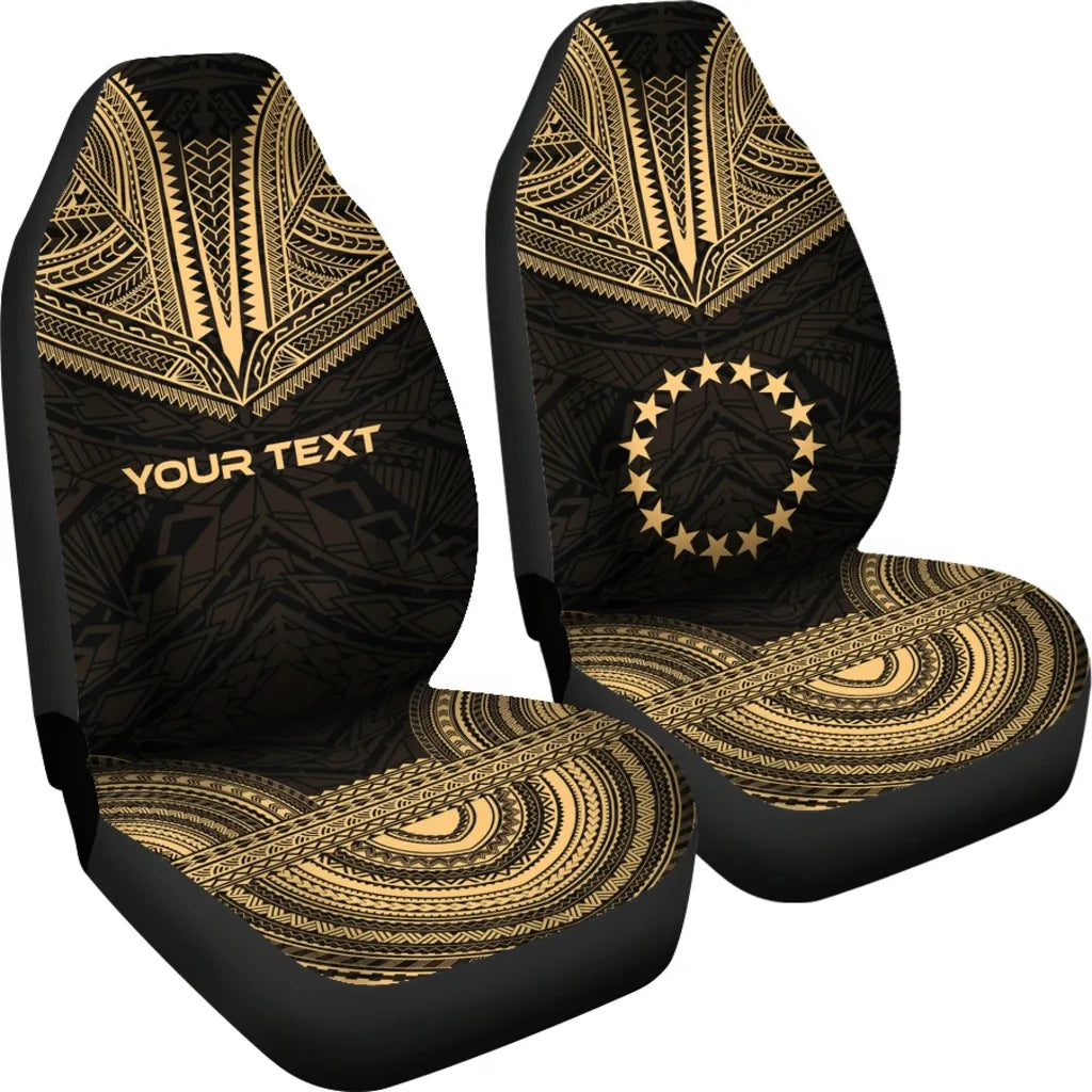 Cook Islands Custom Personalised Car Seat Cover - Cook Islands Flag Polynesian Chief Tattoo Gold Version