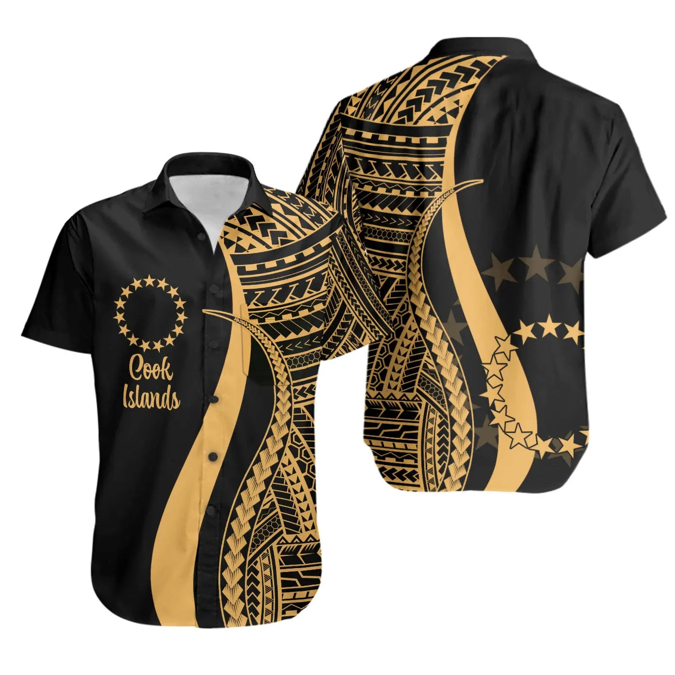 Cook Islands Short Sleeve Shirt - Gold Polynesian Tentacle Tribal Pattern