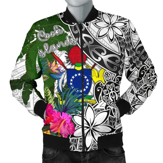 Cook Islands Bomber Jacket White - Turtle Plumeria Banana Leaf