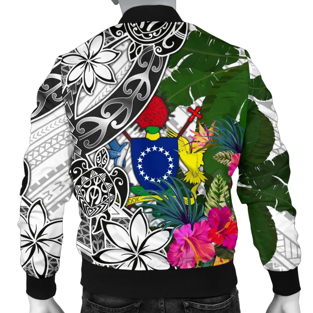 Cook Islands Bomber Jacket White - Turtle Plumeria Banana Leaf