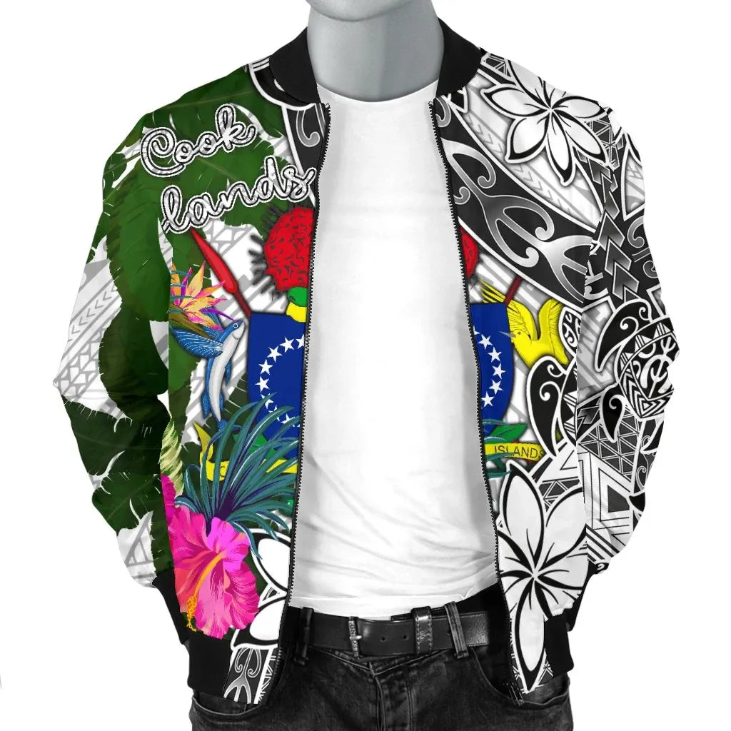 Cook Islands Bomber Jacket White - Turtle Plumeria Banana Leaf