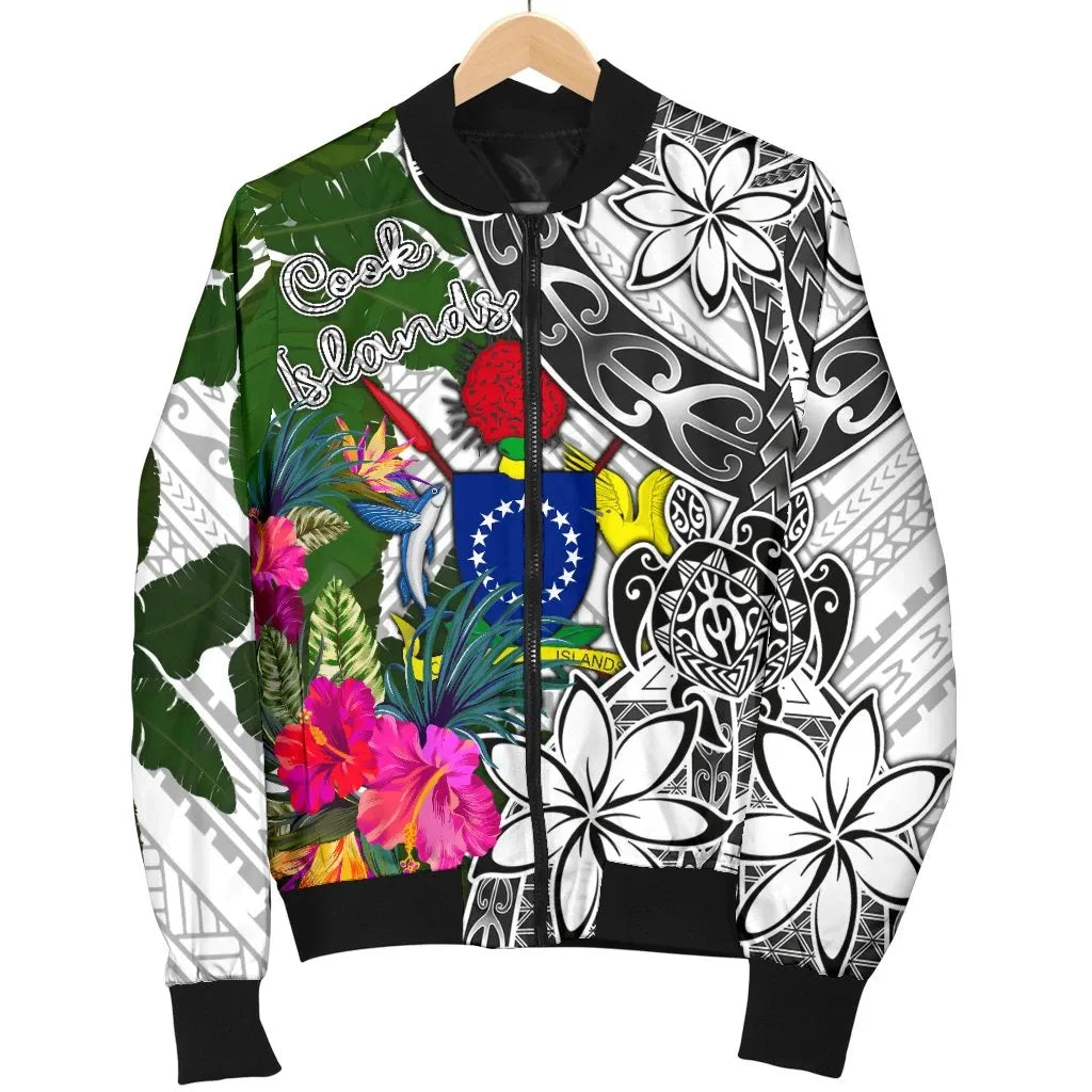 Cook Islands Bomber Jacket White - Turtle Plumeria Banana Leaf