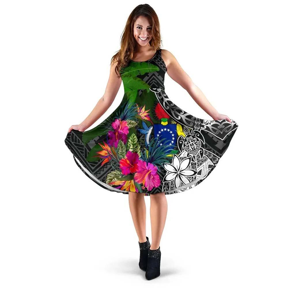 Cook Islands Midi Dress - Turtle Plumeria Banana Leaf