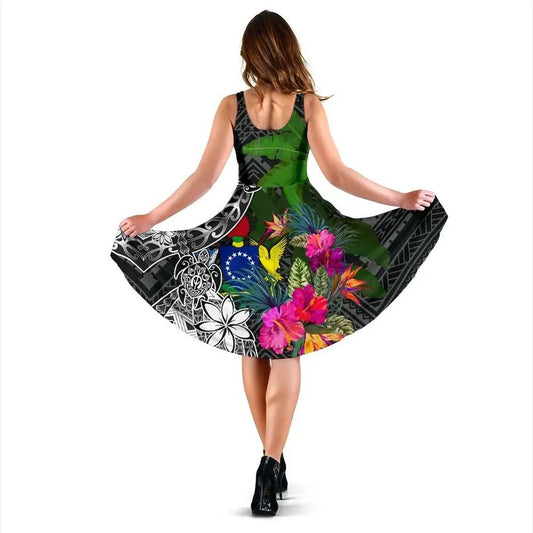 Cook Islands Midi Dress - Turtle Plumeria Banana Leaf