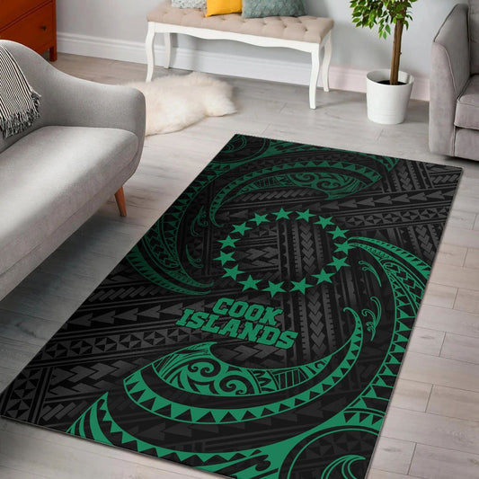 Cook Islandss Polynesian Area Rug - Green Tribal Wave