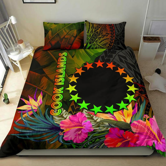 Cook Islands Polynesian Bedding Set - Hibiscus And Banana Leaves