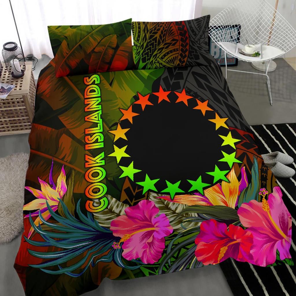 Cook Islands Polynesian Bedding Set - Hibiscus And Banana Leaves
