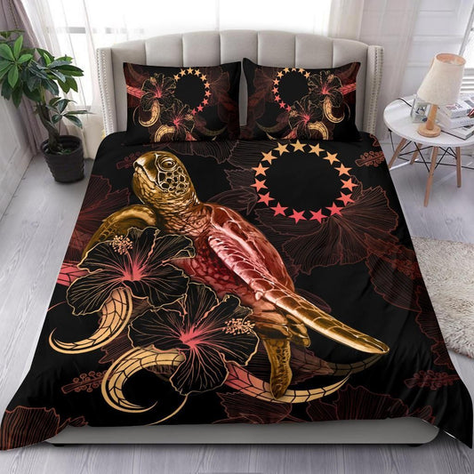 Cook Islands Polynesian Bedding Set - Turtle With Blooming Hibiscus Gold